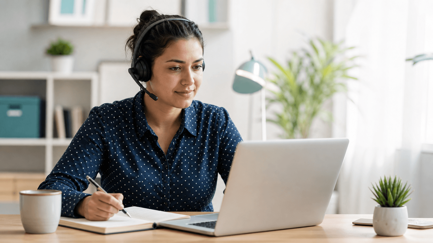 Profissional de atendimento digital trabalhando com headset em home office